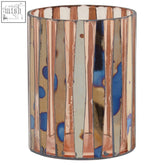 A gaia pink mosaic small candle holder with a cylindrical glass design and vertical copper cream and blue paint splatters