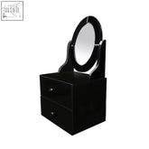 Black gala glass vanity mirror with two trinket drawers and a round framed mirror on top for easy use
