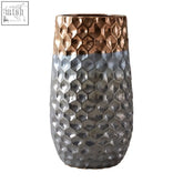 Large ceramic vase with hammered hexagonal texture and two-toned copper top and metallic gray finish
