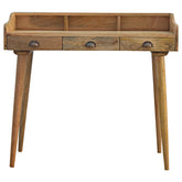 Gallery back shell writing desk rustic wooden with three drawers and dark metal shell handles on tapered legs