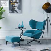 Teal velvet gallo swivel armchair with black metal base and matching ottoman for cozy lounging
