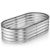 Silver galvanized metal raised garden bed with black rim and plant a plot branding for outdoor gardening