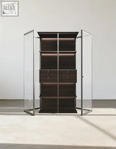 Modern minimalist galvez akhtar pahlavi wine storage display cabinet with glass doors dark wood drawers and metallic frame