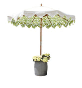 Garden umbrella le jardin spring green with a block printed canopy white scalloped edge green leaf pattern wooden ribs brown pole