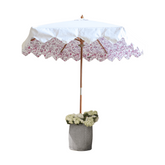 White garden umbrella le jardin sweet pea with scalloped edge pink floral pattern wooden diameter pole