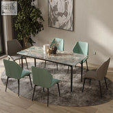 Modern rectangular gareth dining table with green and white marble top and black carbon steel legs