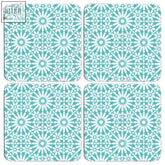 Garland set of four coasters with teal and white retro floral print geometric starburst pattern