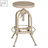 Beige metal gator champagne finish adjustable bar stool with perforated seat and protective footrest