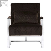 Black fabric armchair with quilted velvet upholstery and chrome metal frame perfect for stylish seating