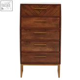 Gaya mango wood chest of 5 drawers with chevron patterned top drawer and brass handles in natural wood finish