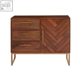 Gaya mango wood small sideboard with three drawers and herringbone door features brass handles and legs