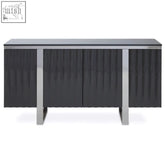 Modern black lacquered sideboard with vertical ribbed panels and sleek chrome legs in grey gloss finish four door design