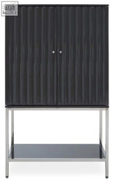 Black ribbed cabinet with chrome legs and glass shelf featuring a sleek grey gloss finish cabinet look