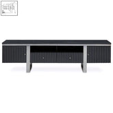 Black wood grain tv stand with silver metal legs and drawers in a geno grey gloss finish media unit