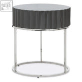 Geno grey gloss finish round side table with chrome metal frame and fluted grey gloss finish top