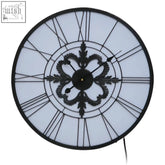 Genova black and white led wall clock with black metal frame ornate floral design and white led wall face with roman numerals