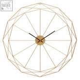 Genova geometric gold metal wall clock with a gold metal wireframe design and wooden center for stylish decor