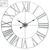 Genova silver metal wall clock with roman numerals featuring a minimalist silver-toned metal wall design