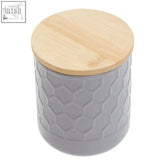 Gray ceramic geome grey 550ml storage canister with natural wood lid and hexagonal embossed texture