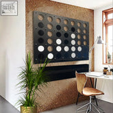 Black metal connect four wall art with white and black pieces perfect for mega connect and giant four in a row game