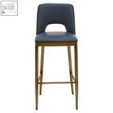 Gilden blue leather effect bar chair with gold metal legs and a backrest cutout perfect for stylish seating