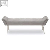Gilden grey bench with tufted grey fabric and sleek chrome angular base perfect as a fabric bench seating option