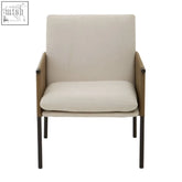 Beige upholstered gildenwhite dining chair with brown faux leather and wooden arms for faux leather dining use
