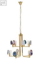 Glamour gold 10 light ceiling light with gold tone and colorful translucent agate slice shades for a stylish light ceiling