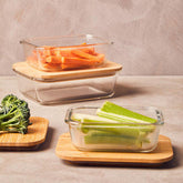 Clear glass container with bamboo lid 1040ml filled with chopped colorful vegetables for fresh storage