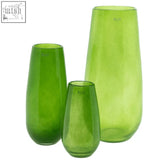 Set of three mouth blown glass vases in jungle green from dutz collection with sleek tapered design and dulz branding
