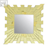 Glitzy small square wall mirror with a gold-toned sunburst mosaic design perfect for stylish decor
