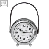 Silver-framed large table clock with black leather handle and white face featuring bold black numerals