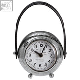 Globe small table clock silver-toned round desk clock with black leather handle and three silver feet for small table use