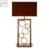 Bronze finished globule table lamp with openwork stainless steel base and rectangular maroon fabric shade