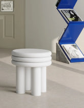 White minimalist gloria dressing table stool with rounded seat and four cylindrical legs perfect for dressing table use