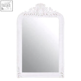 White ornate gloria stone grey wall mirror with intricate carvings and decorative crest at the top