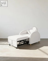 White upholstered goh single sofa bed with boucle fabric wooden legs cozy seat and convertible chaise lounge design