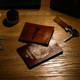 Brown leather card wallet with laser engraved golfer design perfect as a stylish golf leather card wallet