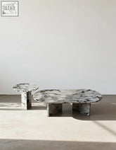 Elegant goliah coffee table set with oval white and black marble top and sturdy matching pedestal bases