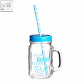 Clear glass square mason jar mug with blue lid handle and let the good times roll in light blue cursive script