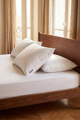 White plush goose feather and down pillows with subtle texture and clean lines resting on the bed