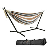 Goutime 9ft double striped hammock with beige gray and white bands on black metal stand includes portable carrying bag
