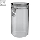 Clear gozo jar with silver lid and metal clasp for streamlined storage of dry goods and kitchen essentials