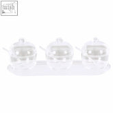 Gozo set of 3 clear plastic condiment pots with dome lids matching spoons and a rectangular tray for serving