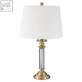 Gold-toned northern table lamp with clear acrylic column and white fabric shade perfect for stylish lighting