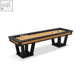 Grand shuffleboard black featuring a polished chestnut wood playing surface with a sturdy black metal frame and light wood accents