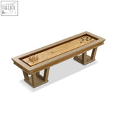 A sleek light wood grand shuffleboard nature table with smooth playing surface and sturdy beige legs
