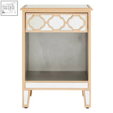 Grazia side table gold framed mirrored nightstand with warm metallic finish upper drawer and ornate quatrefoil pattern