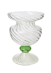 Clear glass murano vase with swirling patterns and a vibrant green spherical accent at its base called green globe cleo wave