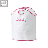 White laundry bag with hot pink trim and embroidered laundry text from green loop white pink laundry bag line